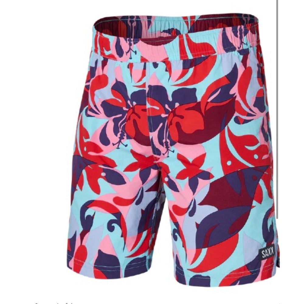 Saxx Go Coastal 2N1 Volley Shorts Mens Large Blue Red Floral BallPark Pouch L